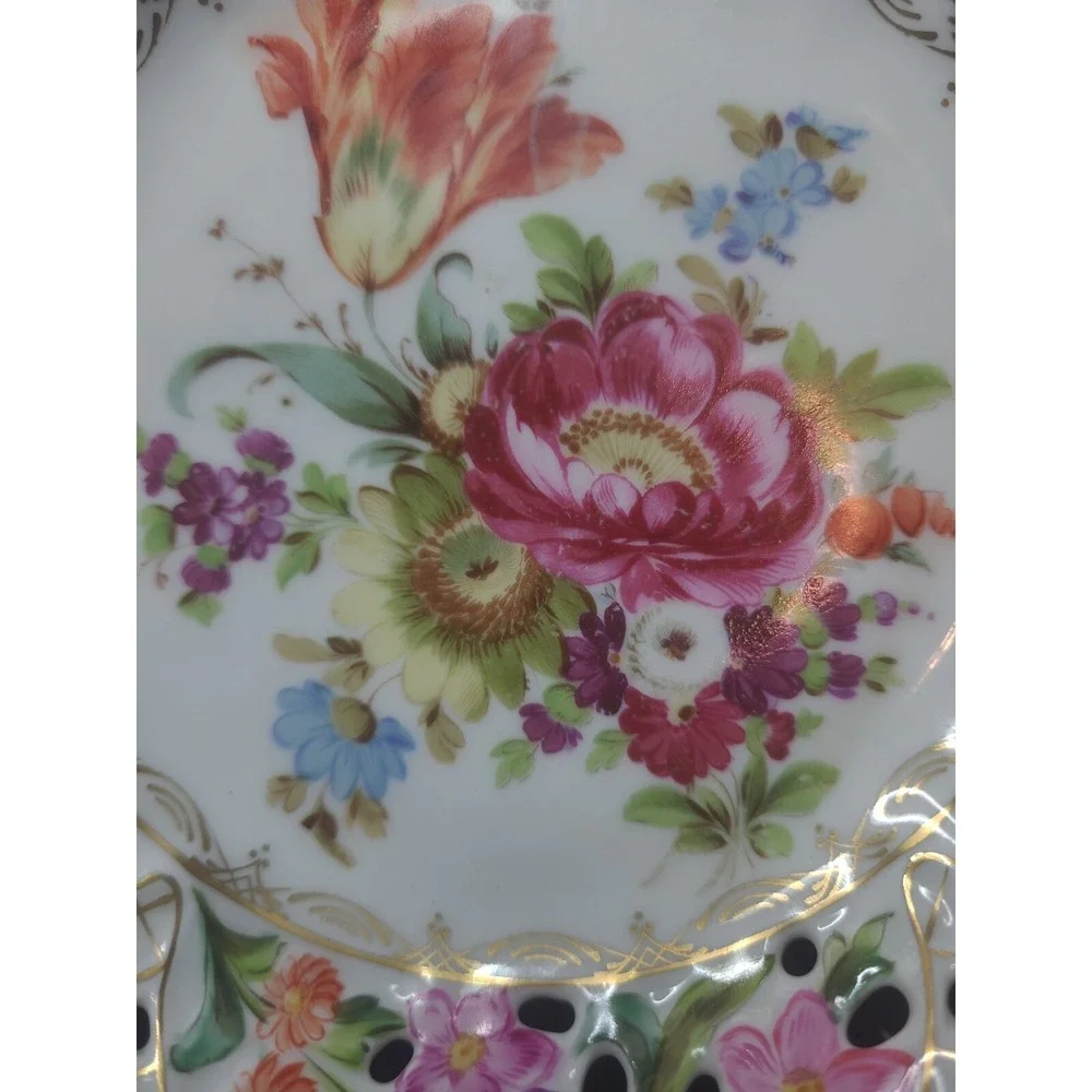 Rare E.S. Prussia Dresden Flowers Gilded Porcelain Bowl Plate Scalloped Openwork